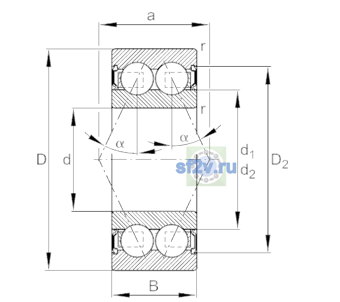 Схема подшипника 3008-2RS-L294-C3