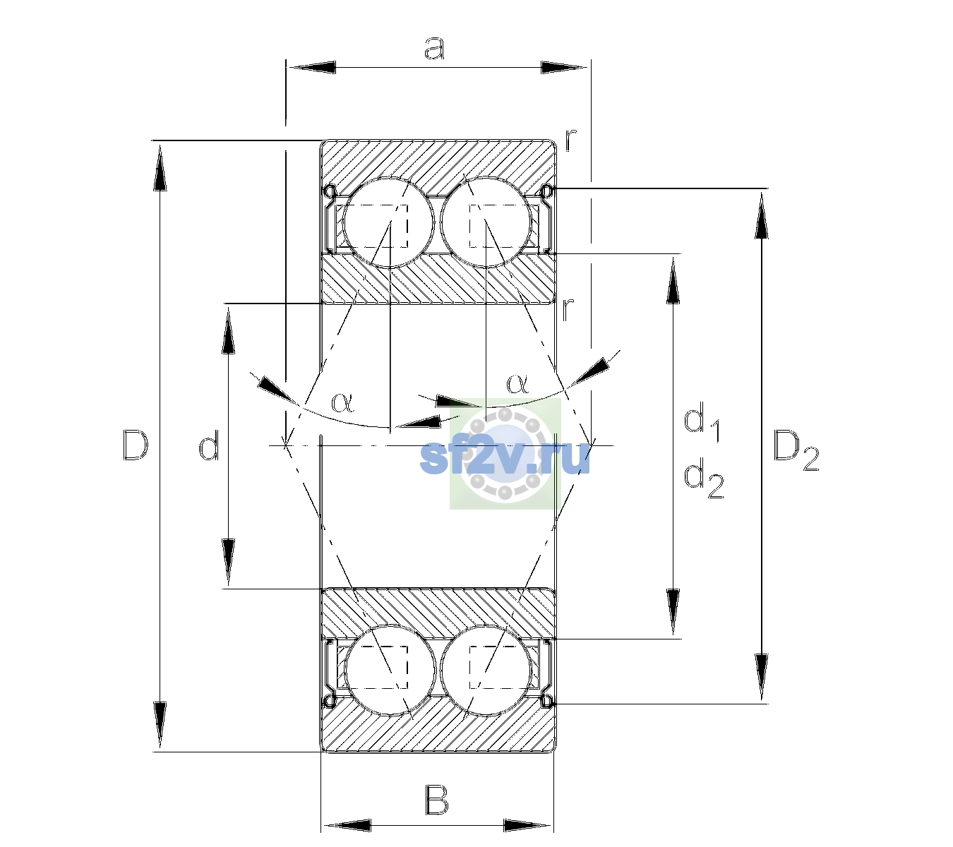 Схема подшипника 3200-BB-2Z-TVH