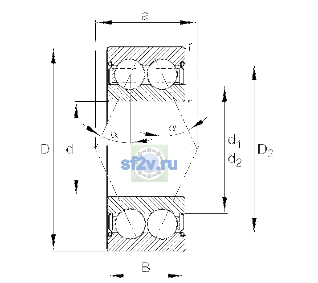Схема подшипника 3200-BB-2Z-TVH-C2