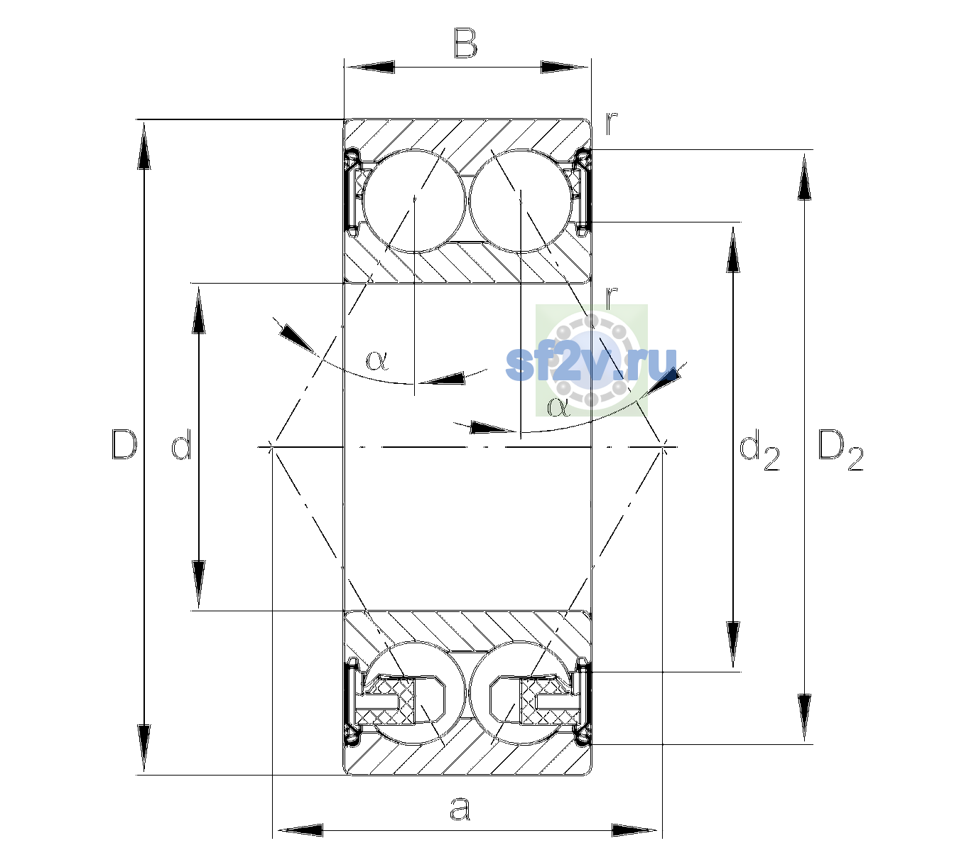 Схема подшипника 3204-BD-XL-2Z-TVH-C3