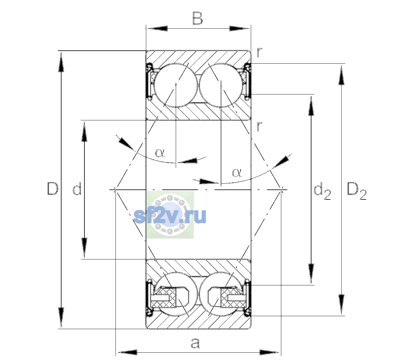 Схема подшипника 3205-BD-XL-2Z-TVH-C2