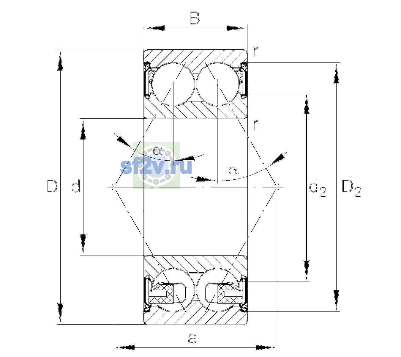 Схема подшипника 3205-BD-XL-2Z-TVH-C3