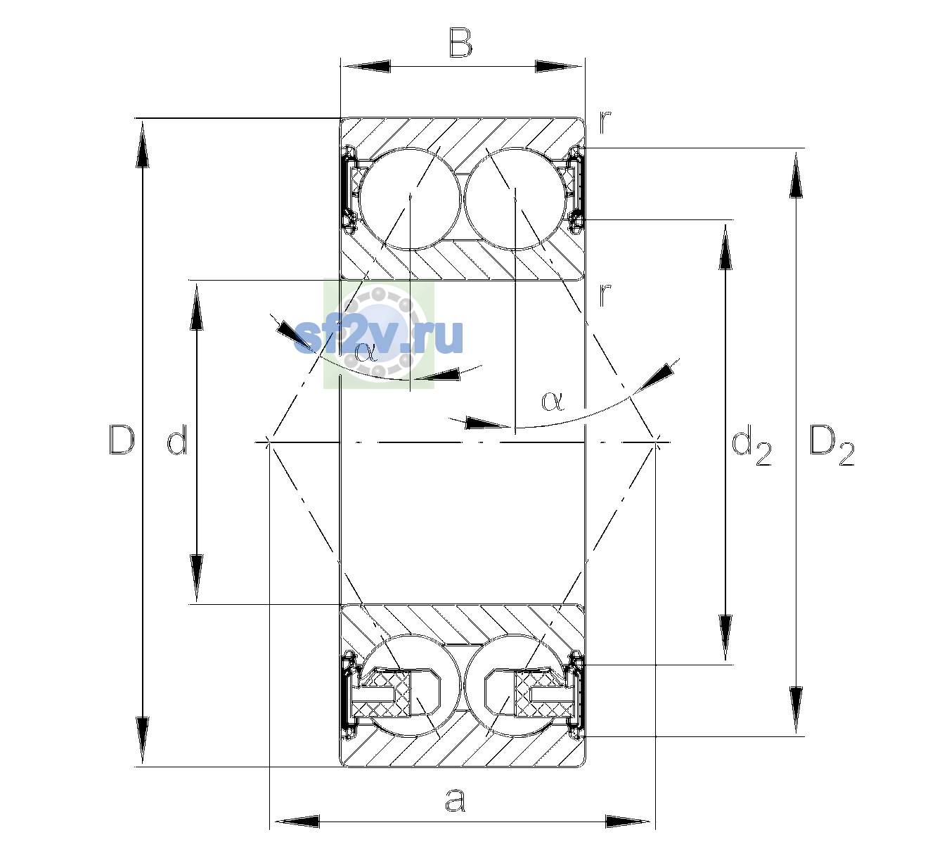 Схема подшипника 3207-BD-XL-2HRS-L140-C3