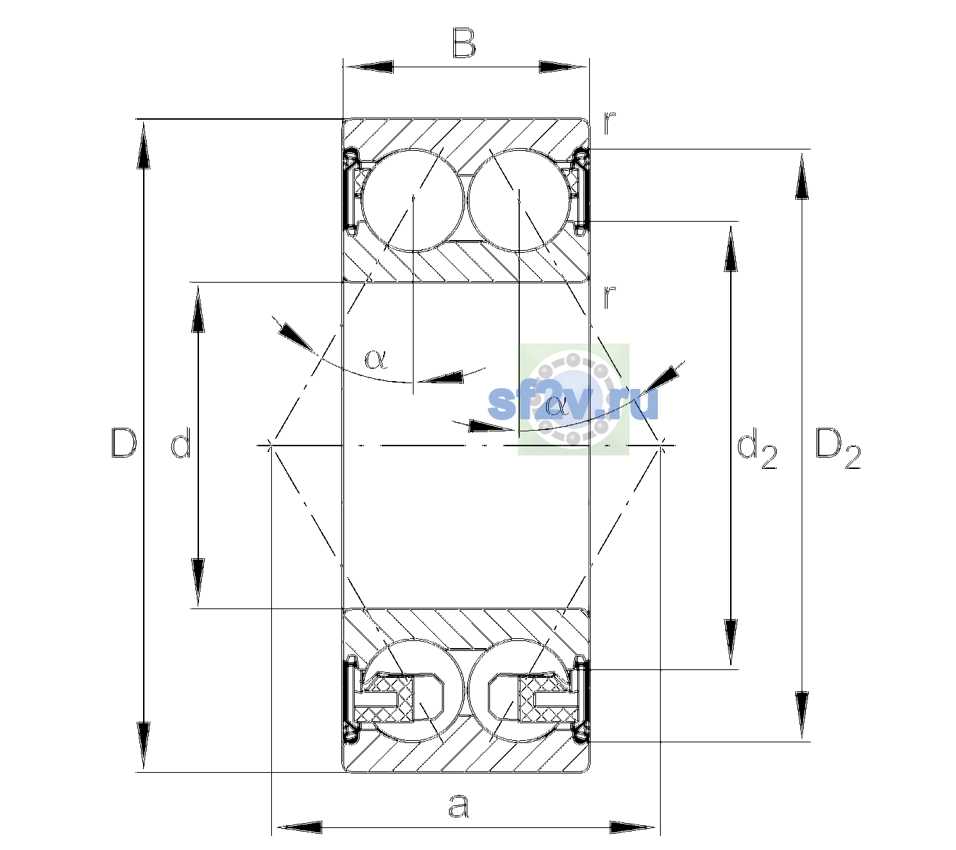 Схема подшипника 3207-BD-XL-2Z-TVH