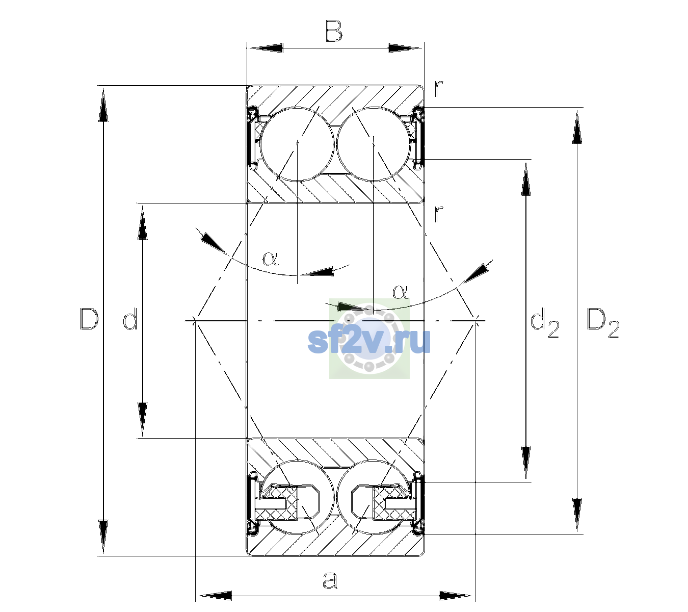 Схема подшипника 3207-BD-XL-2Z-TVH-C3