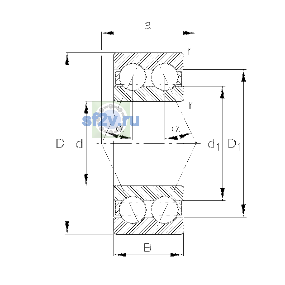 Схема подшипника 3207-BD-XL-TVH-L140-C3