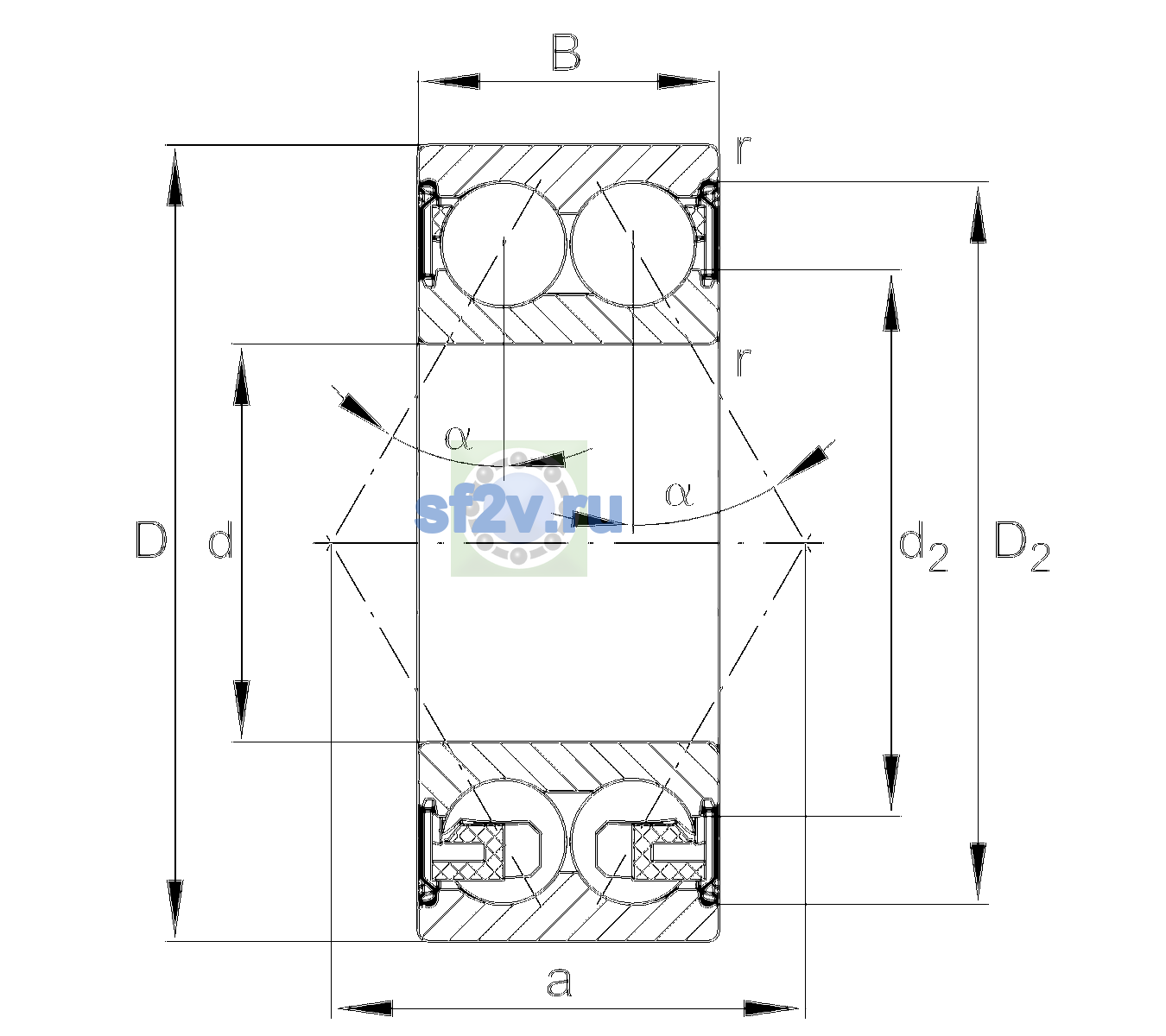Схема подшипника 3208-BD-XL-2Z-C3