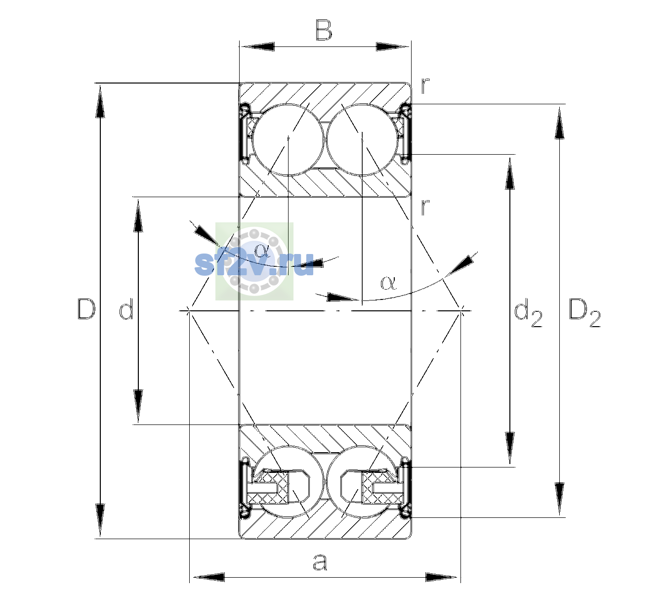 Схема подшипника 3208-BD-XL-2Z-TVH-C3