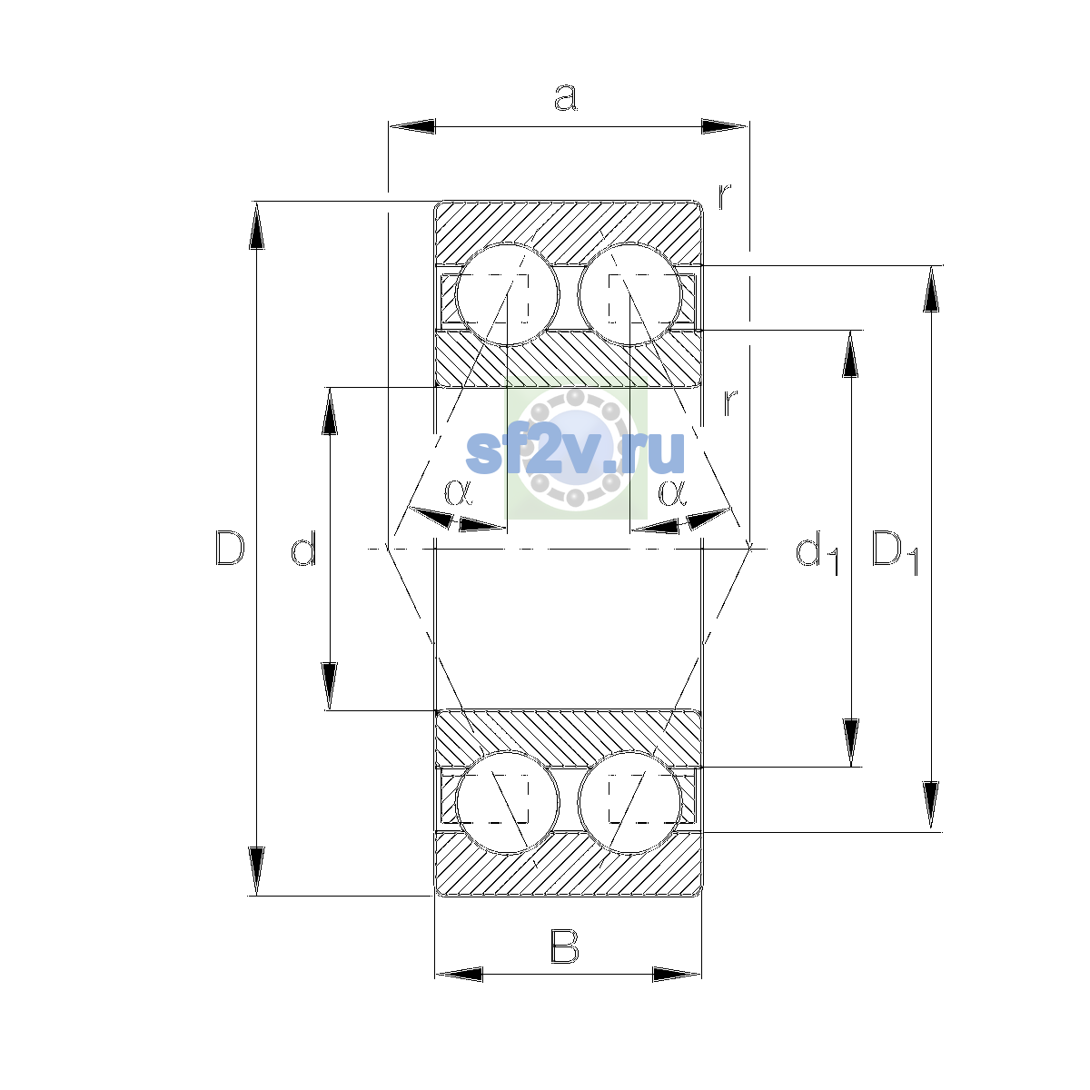 Схема подшипника 3208-BD-XL-TVH-L285-C3