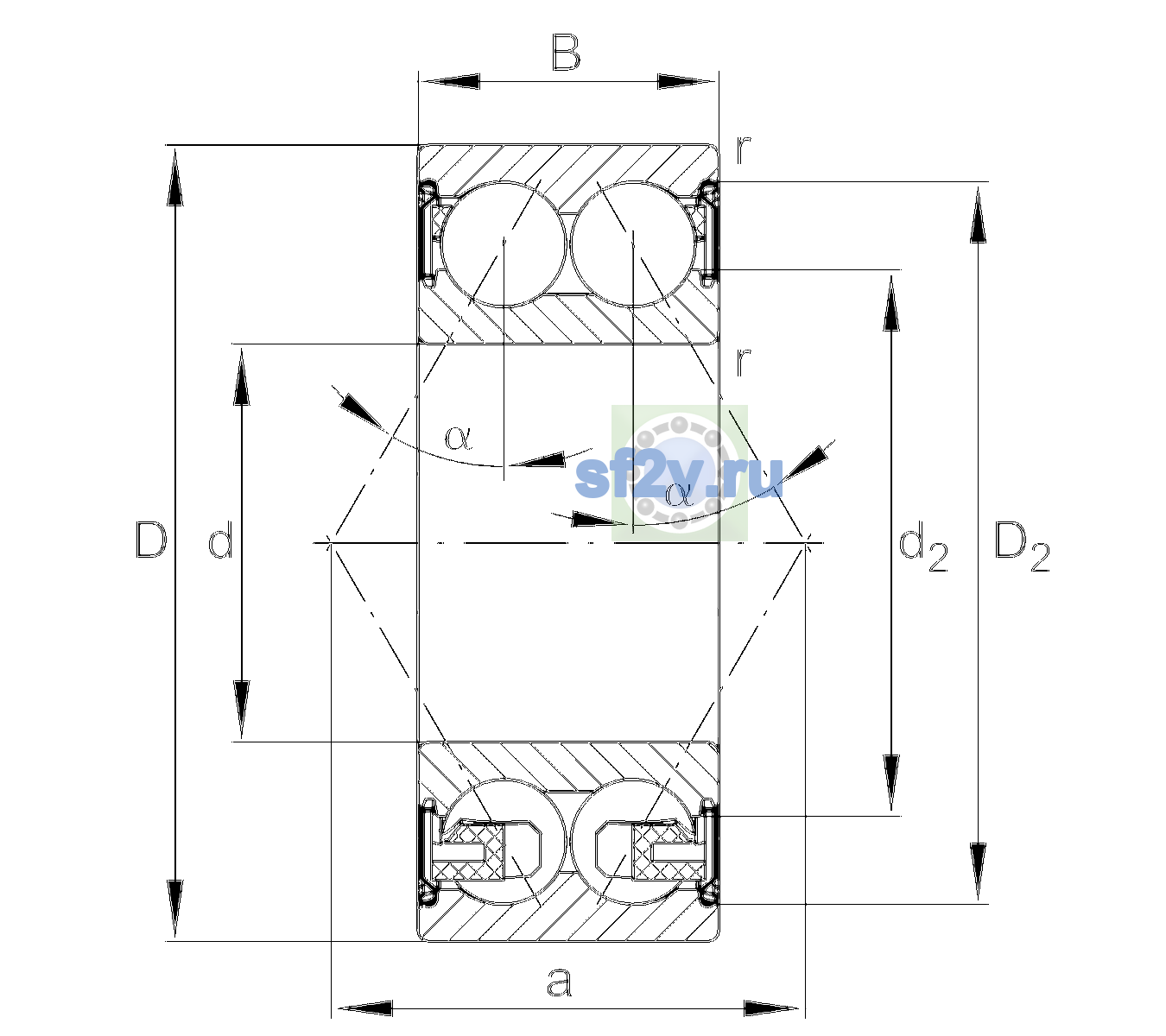 Схема подшипника 3210-BD-XL-2Z-TVH