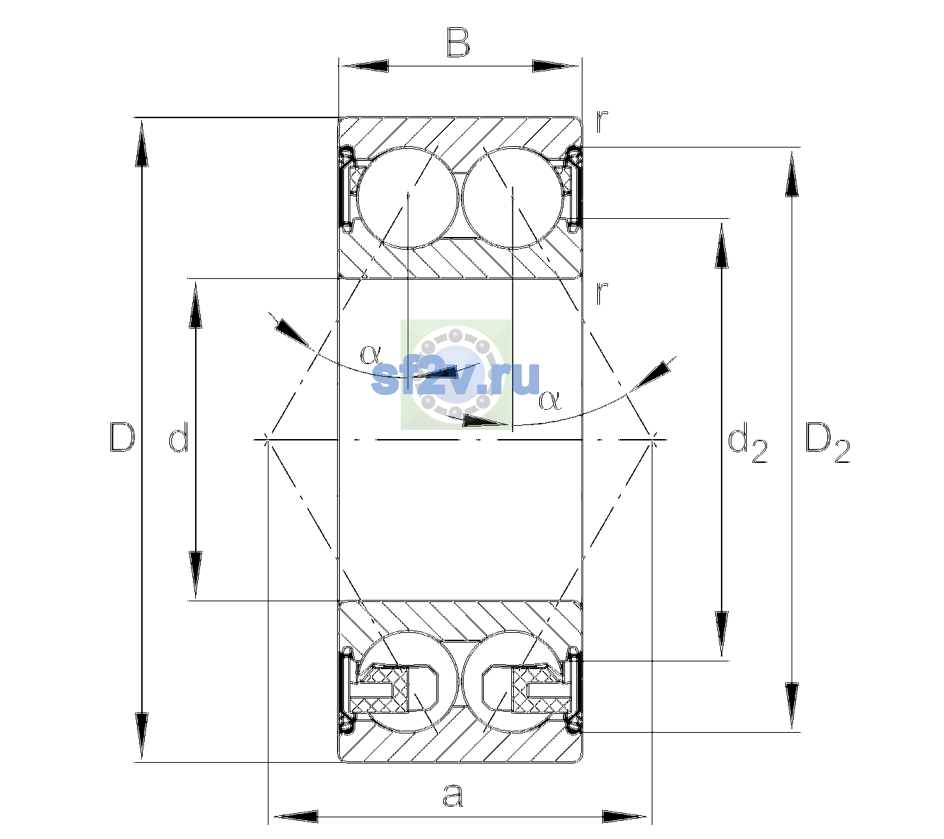 Схема подшипника 3210-BD-XL-2Z-TVH-C3