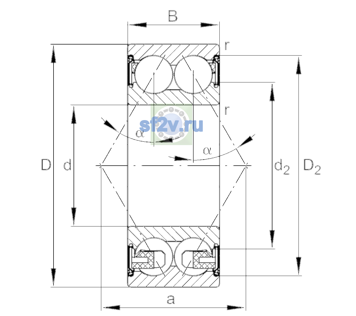 Схема подшипника 3302-BD-XL-2Z-TVH-C3