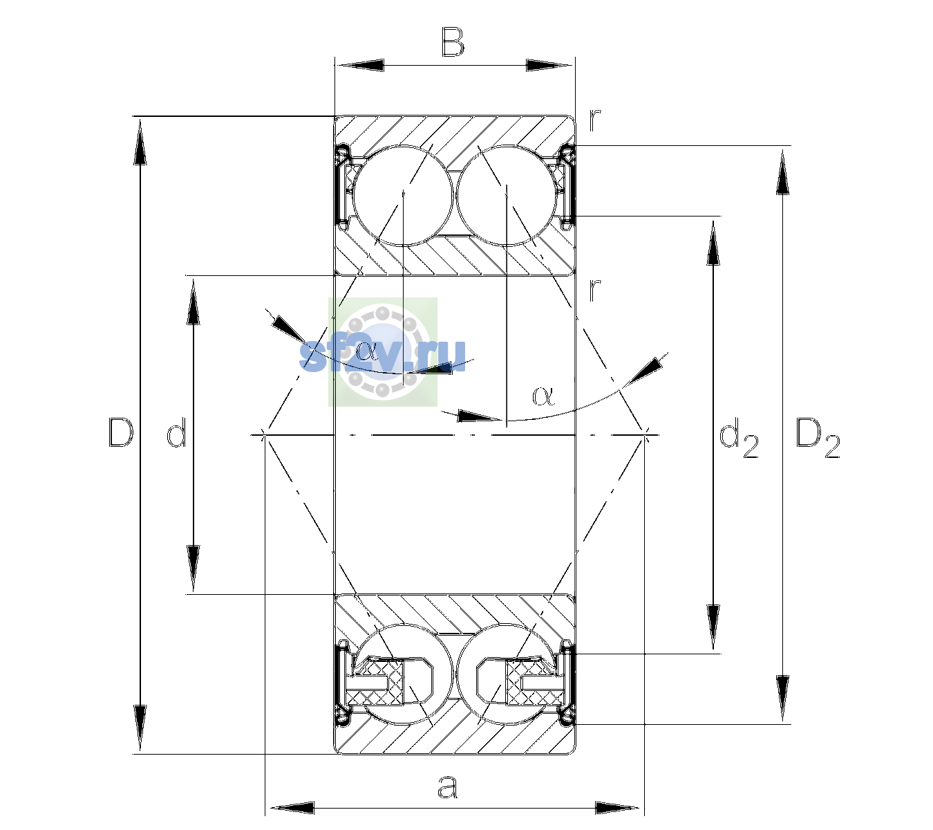Схема подшипника 3304-BD-XL-2Z-C3