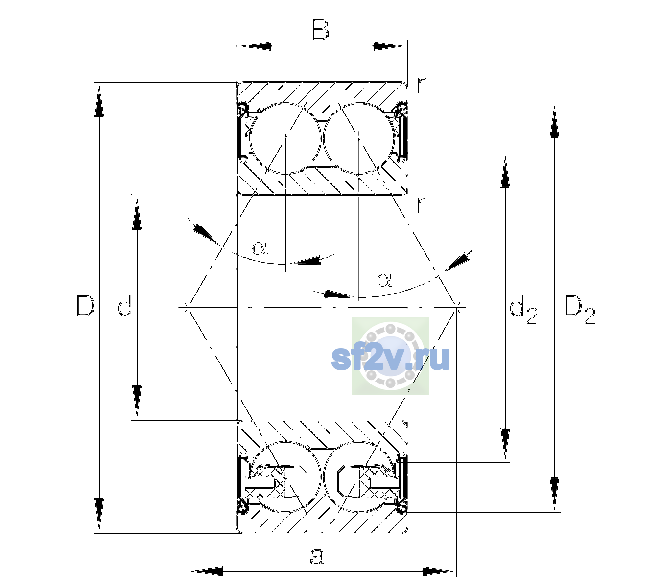 Схема подшипника 3305-BD-XL-2Z-C3