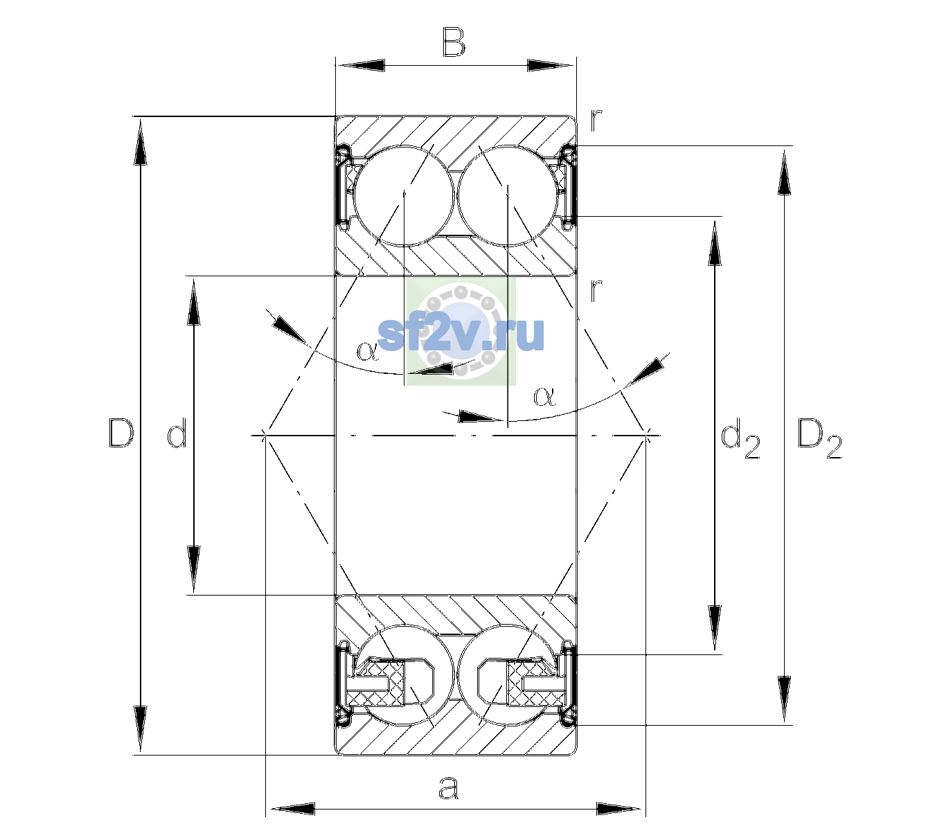 Схема подшипника 3305-BD-XL-2Z-TVH-C3