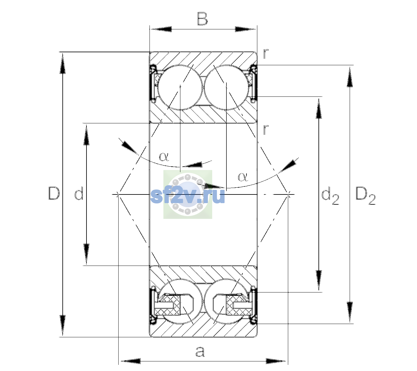 Схема подшипника 3305-BD-XL-2Z-TVH-L140-C3