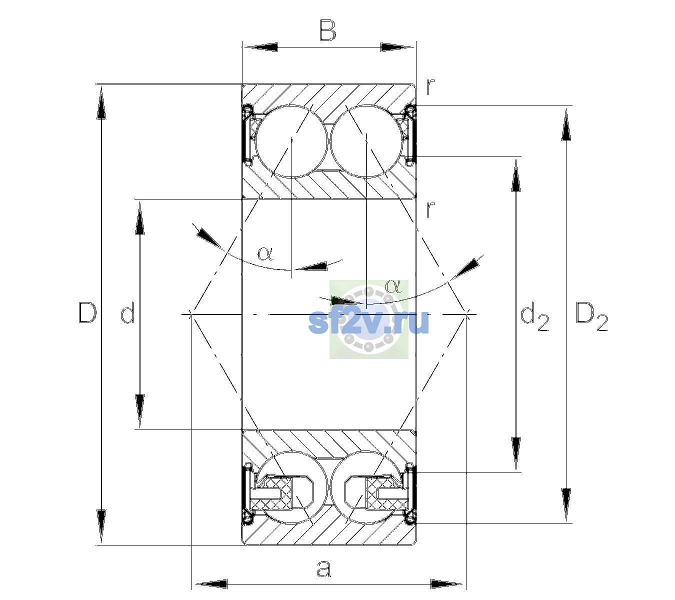 Схема подшипника 3306-BD-XL-2Z-TVH-C3