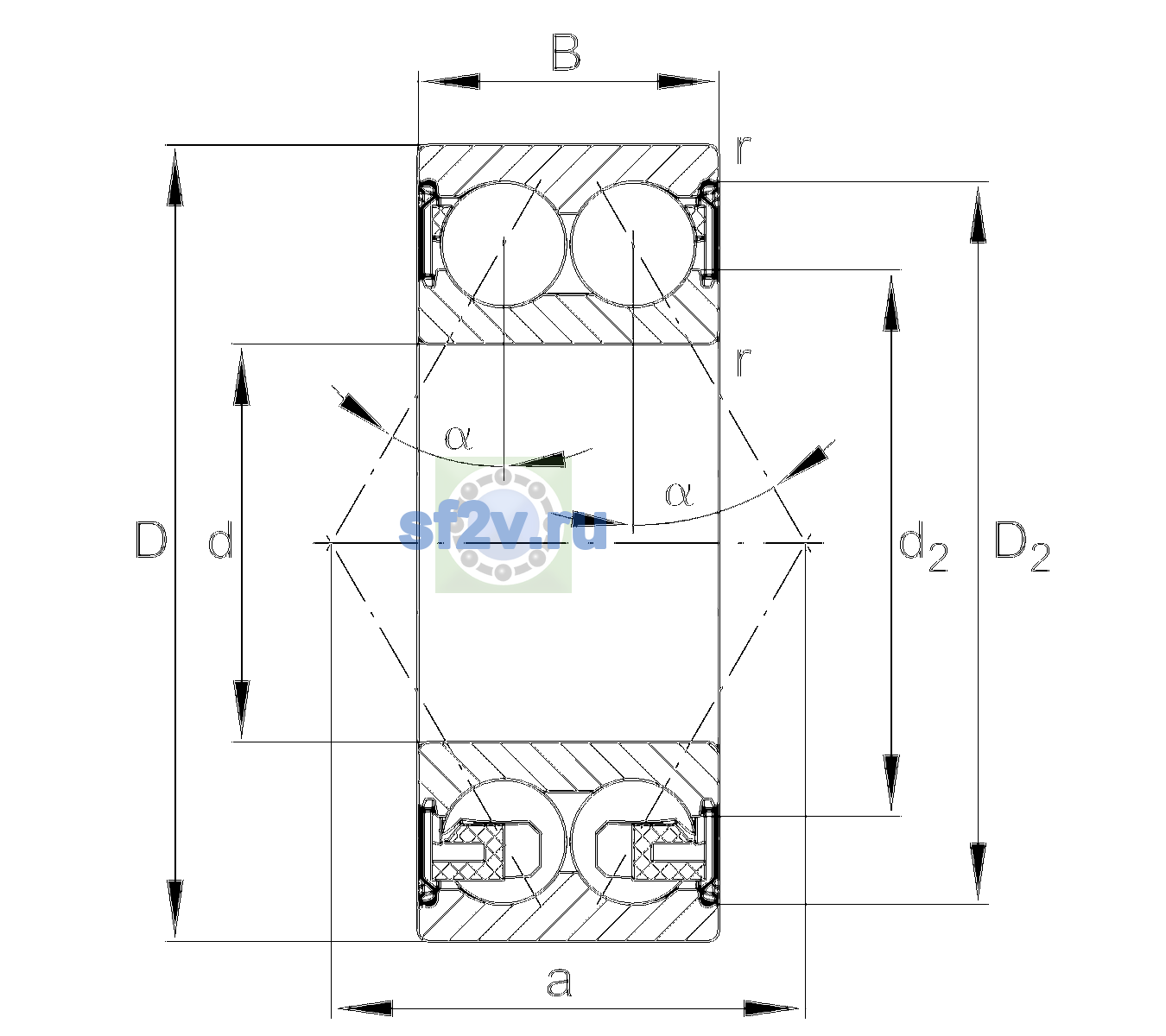 Схема подшипника 3307-BD-XL-2Z-TVH-C3