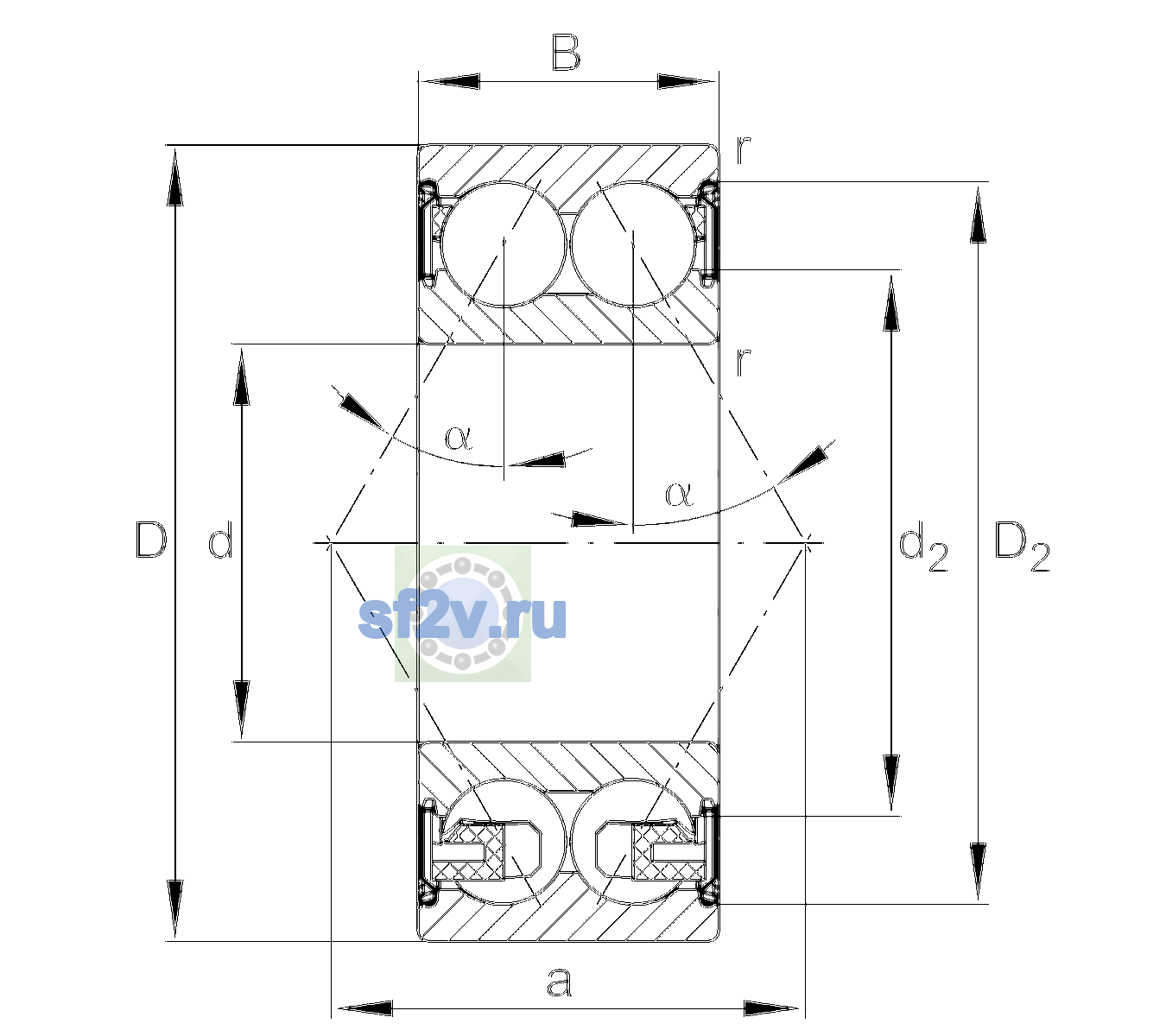 Схема подшипника 3307-BD-XL-2Z-TVH-L140-C3