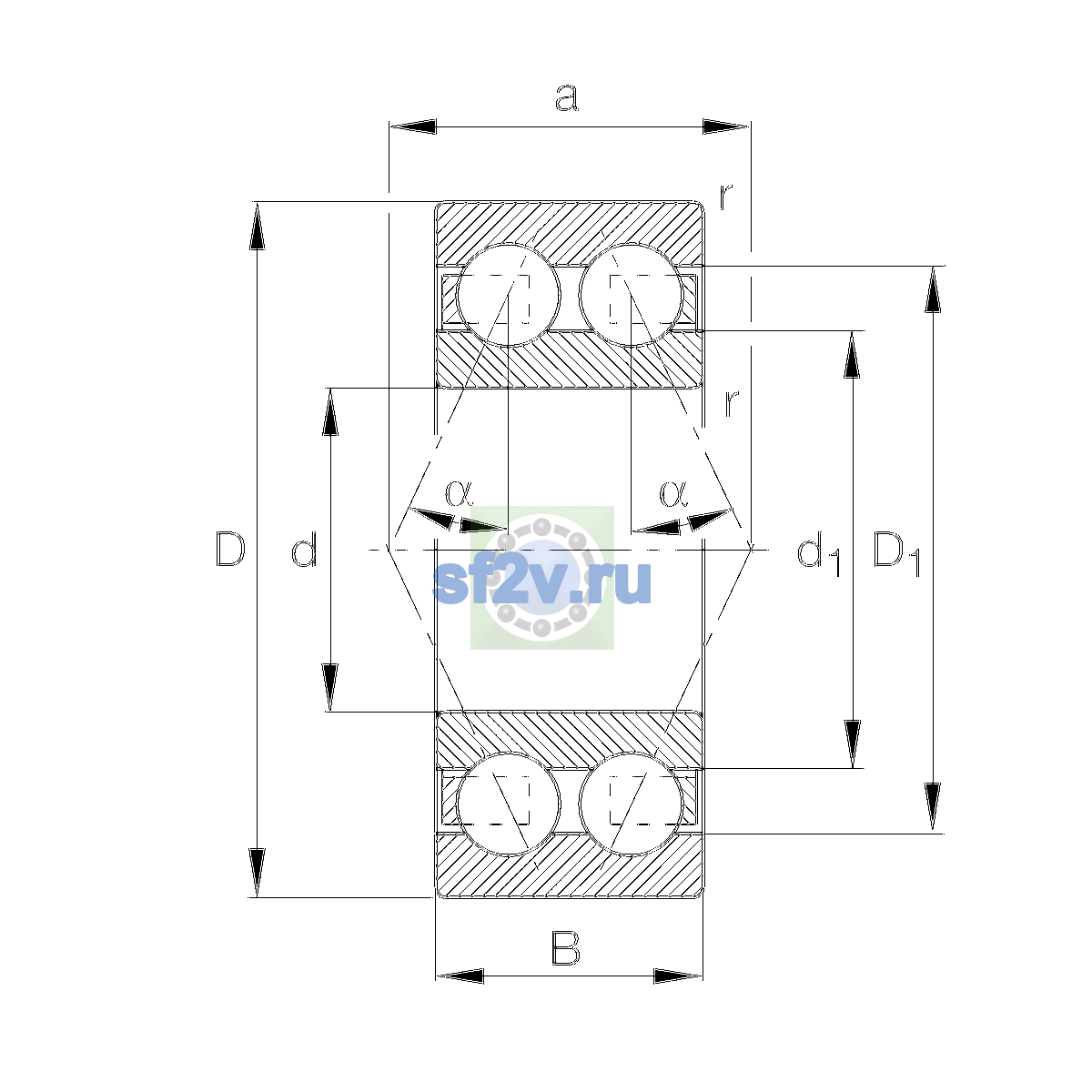 Схема подшипника 3307-BD-XL-TVH-L140-C3