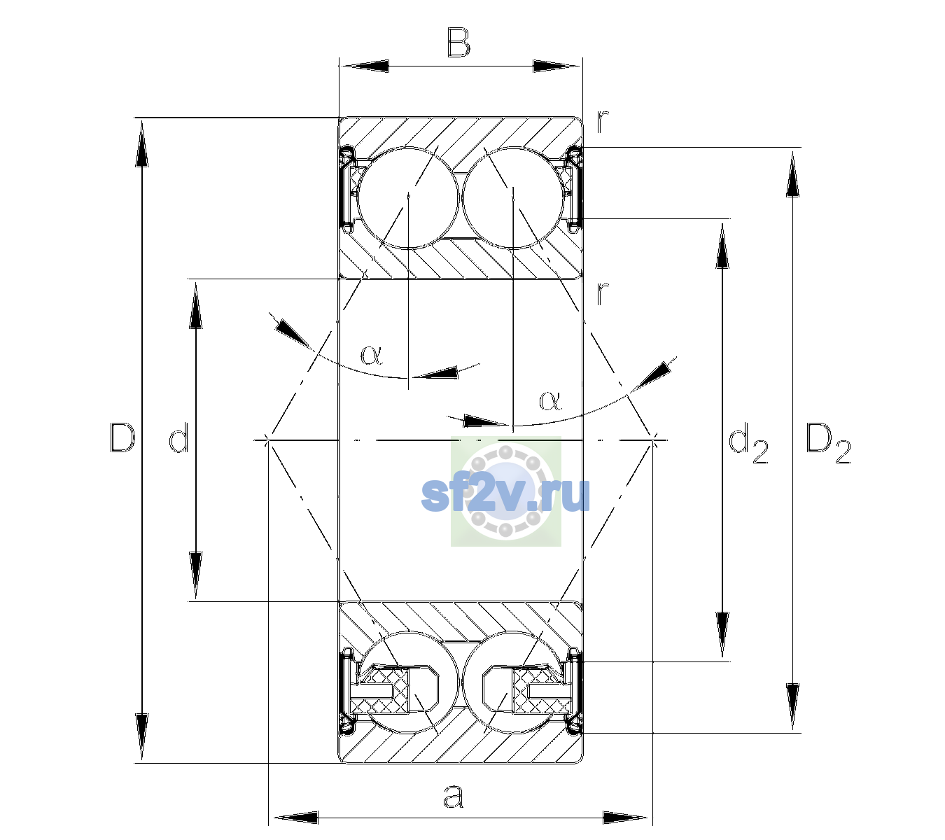 Схема подшипника 3308-BD-XL-2Z-TVH