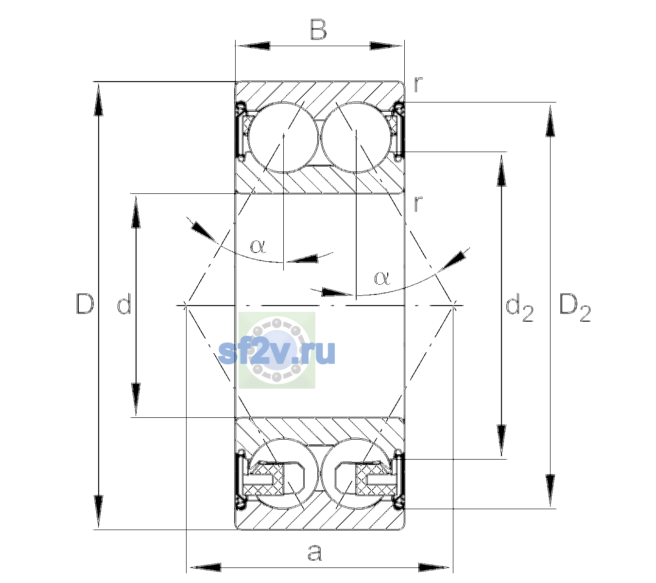 Схема подшипника 3308-BD-XL-2Z-TVH-C3