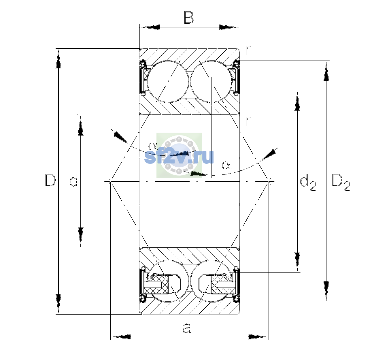 Схема подшипника 3308-BD-XL-2Z-TVH-L140-C3