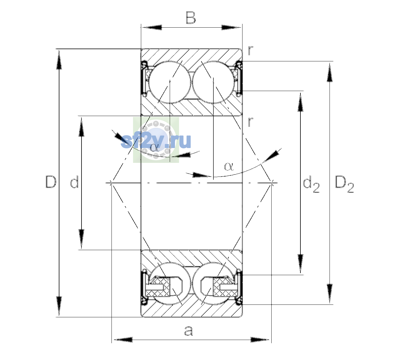 Схема подшипника 3319-BD-XL-2Z-TVH-L140-C3