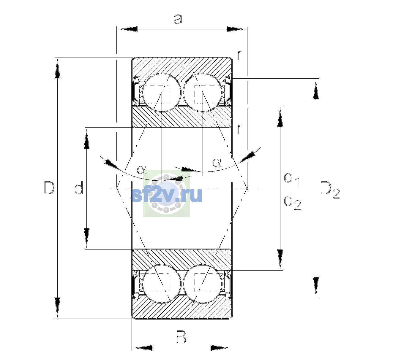 Схема подшипника 3812-2RS-C2