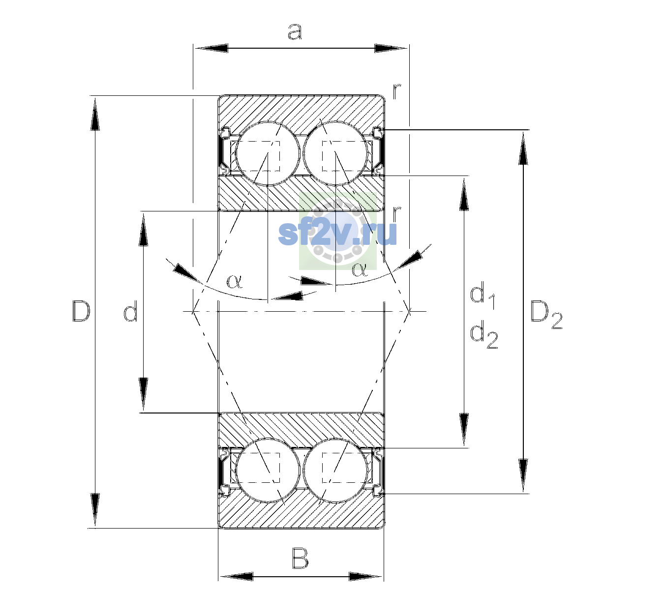 Схема подшипника 3818-2RS-C3