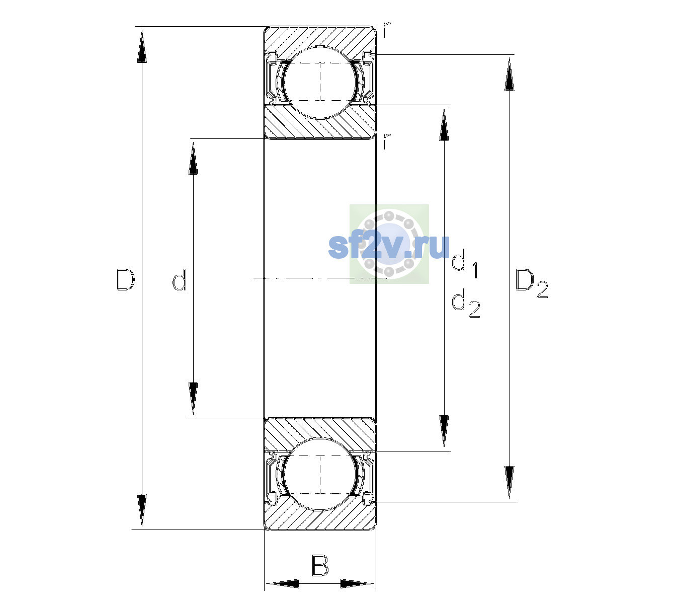 Схема подшипника 6005-2RSR-L140-C3