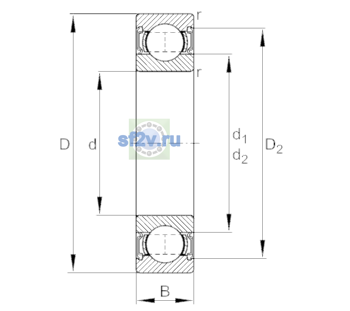 Схема подшипника 6010-2RSR-C2