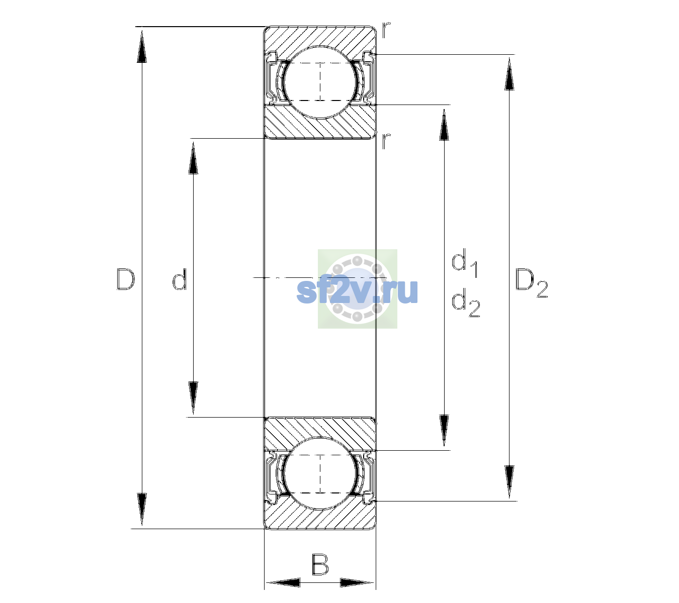 Схема подшипника 6206-2RSR-C3