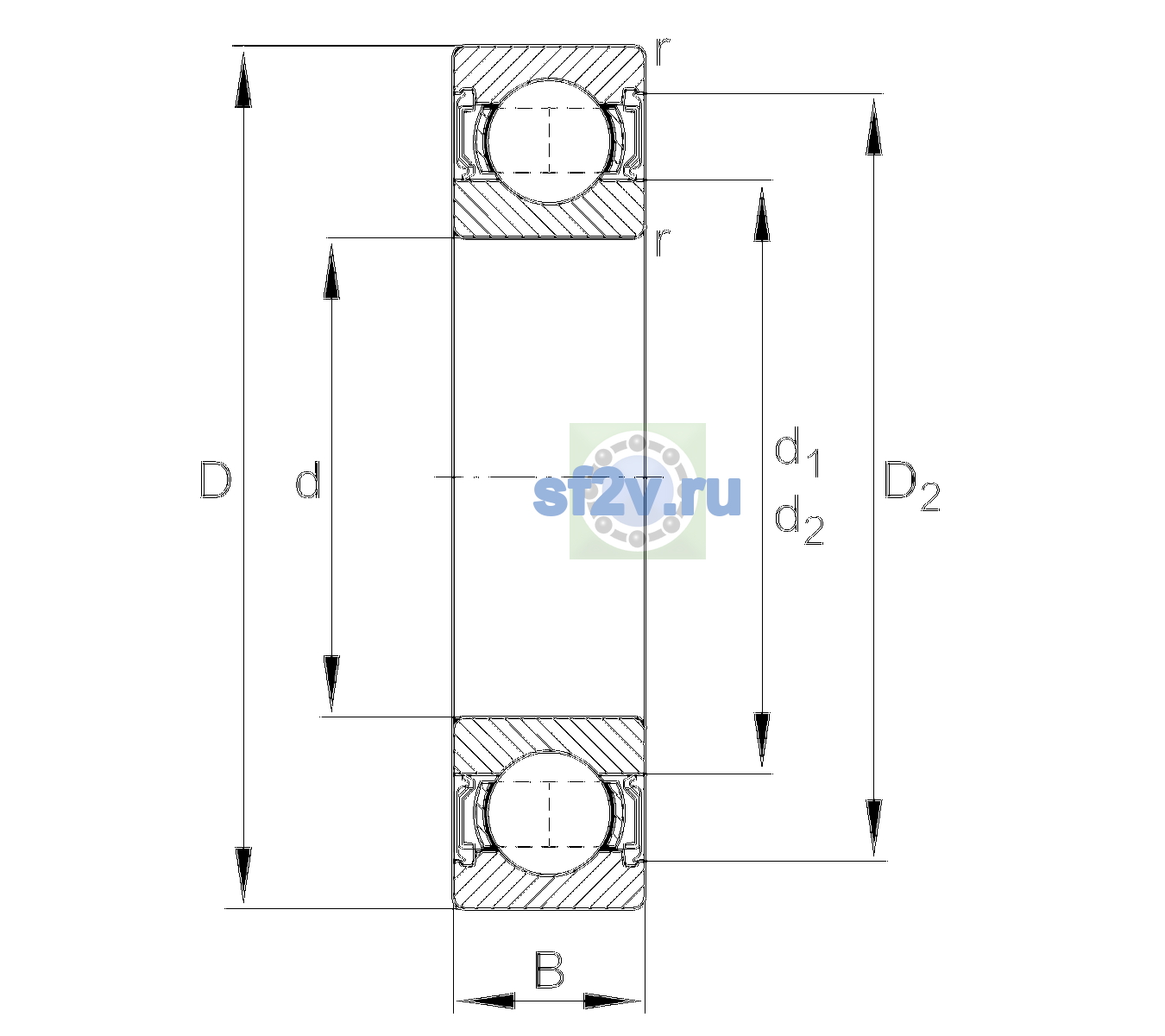 Схема подшипника 6208-2RSR-C3