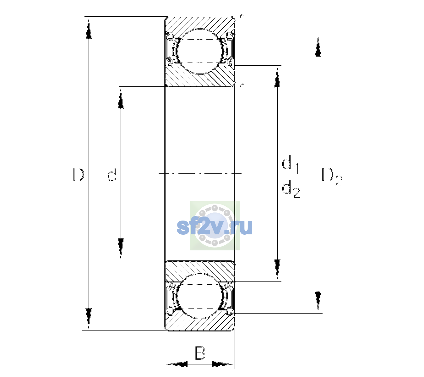 Схема подшипника 6210-2RSR-L140-C3