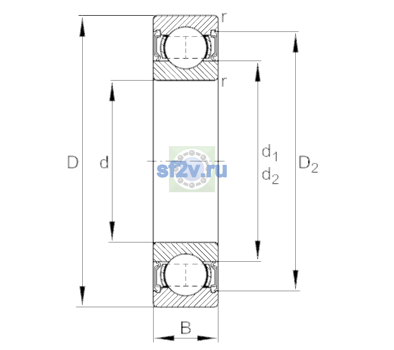 Схема подшипника 62200-A-2RSR-C2
