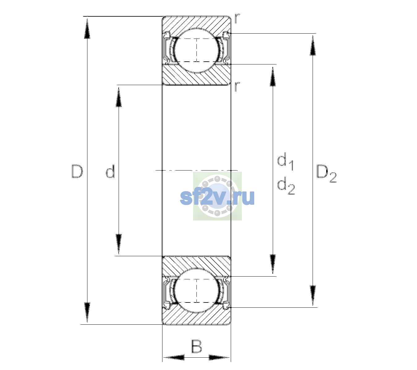 Схема подшипника 62205-A-2RSR-C3