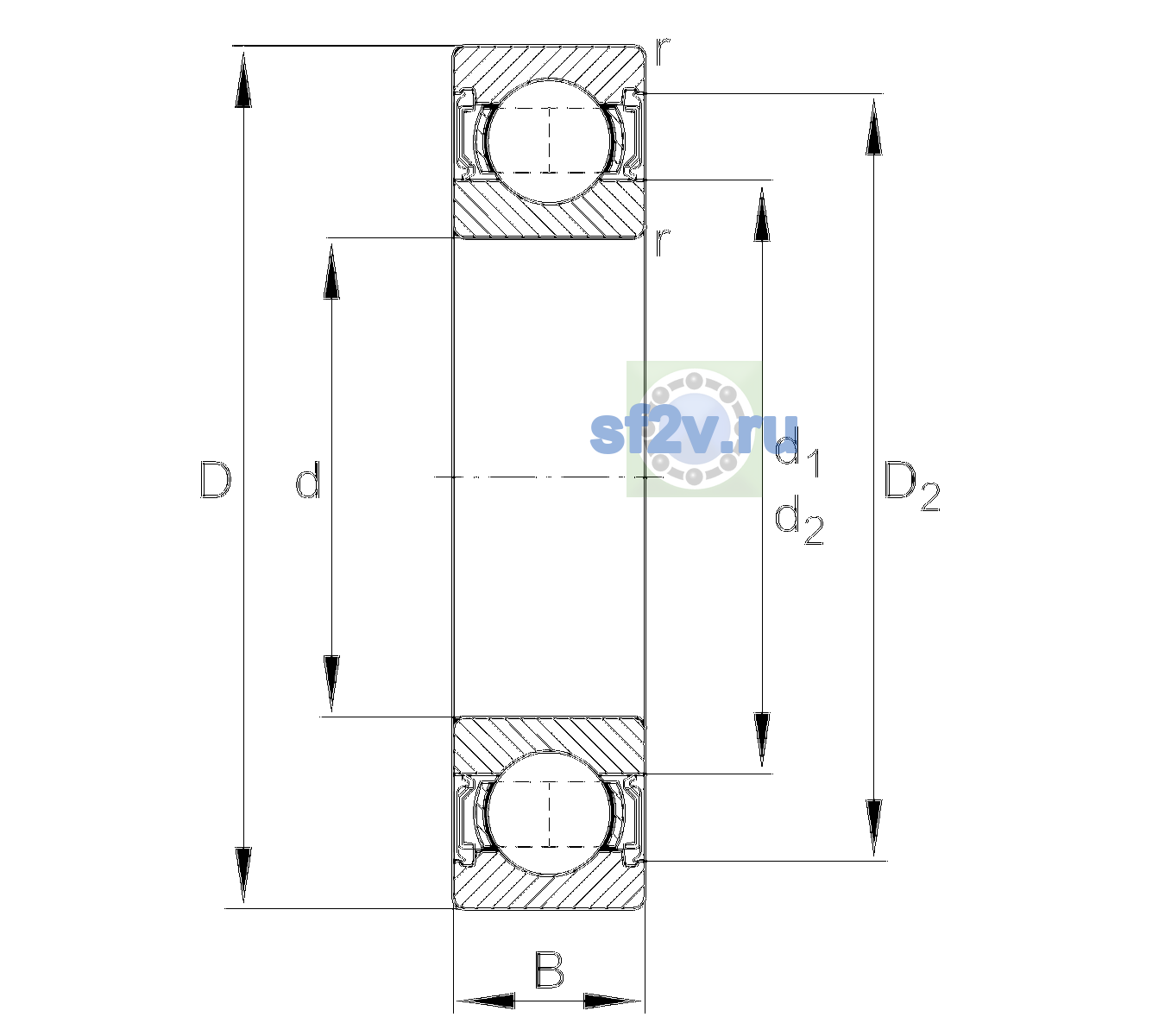Схема подшипника 6303-2RSR-C2