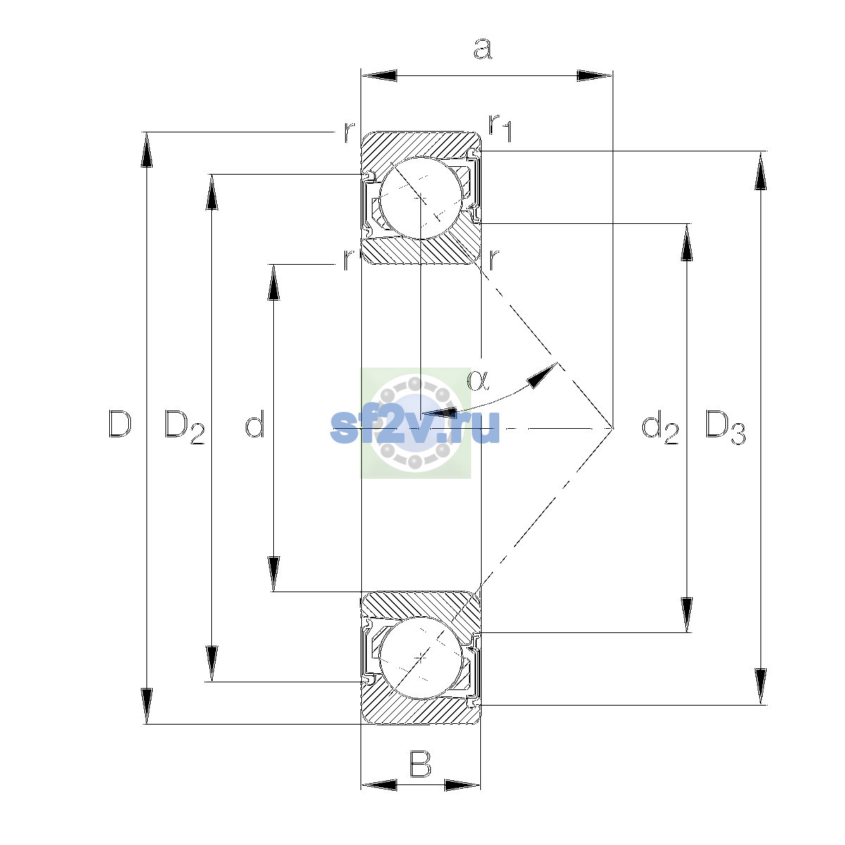 Схема подшипника 7005-B-XL-2RS-TVP-UL