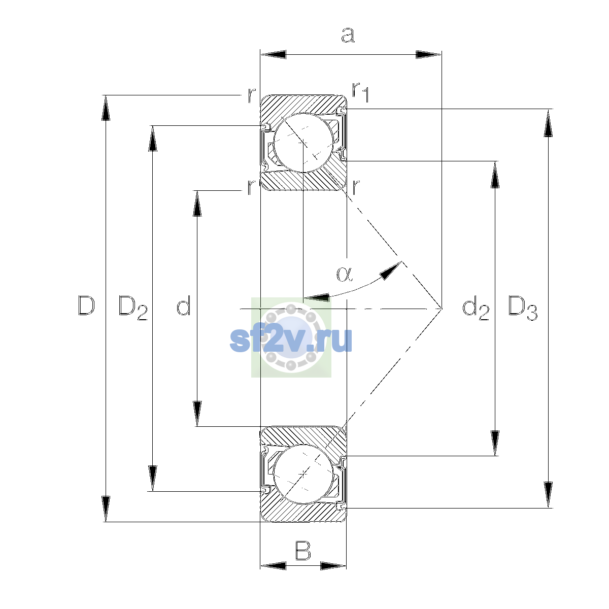 Схема подшипника 7007-B-XL-2RS-TVP-P5-UO