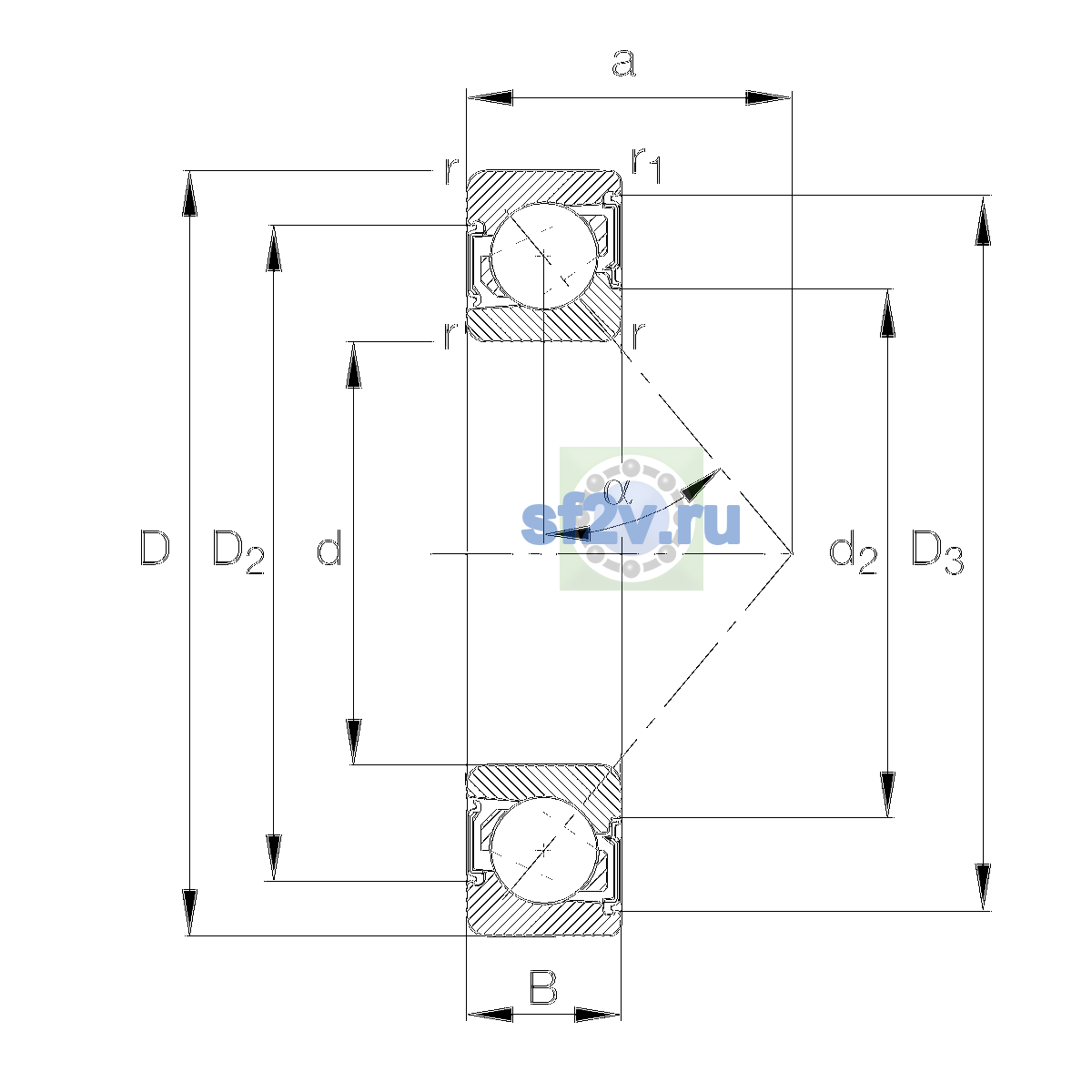Схема подшипника 7008-B-XL-2RS-TVP-UL